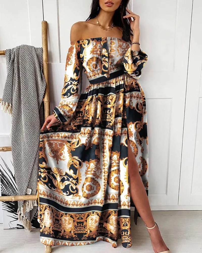 

Fashion Boho Printed Dress Spring New Long Sleeved Off Shoulder A-line High Waist Big Hem Split Long Dress Elegant Vacation Robe