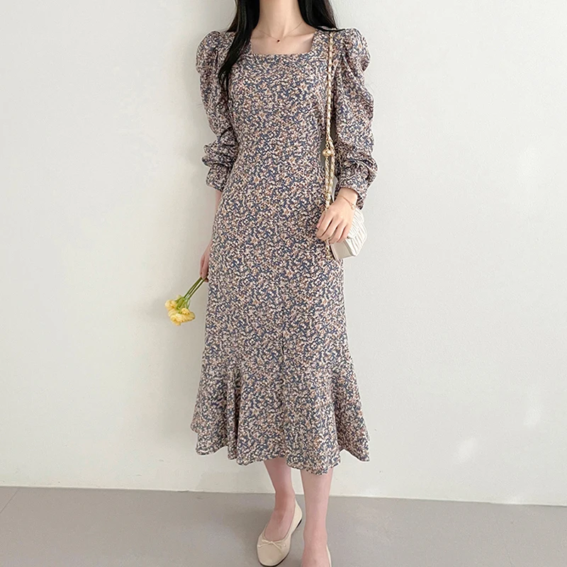 Nomikuma-Robe à fleurs vintage coréenne pour femme, col carré français, taille fine élégante, manches évasées, robe en queue de poisson fendue, automne