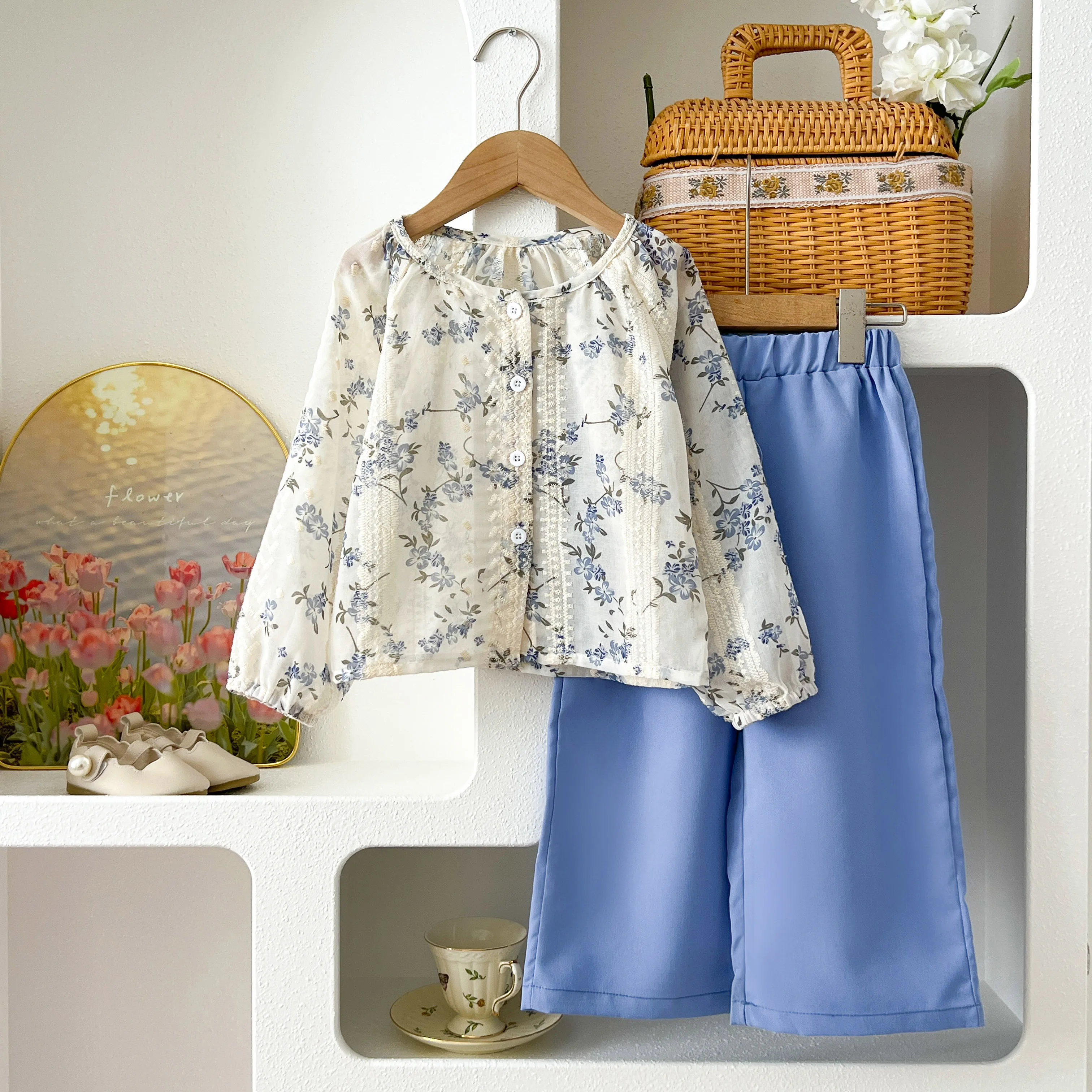 Kids Clothes Girls Spring Fashion Floral Jacquard Chiffon Long-sleeved Top + Wide-leg Pants Sets Children's Daily Casual Wear