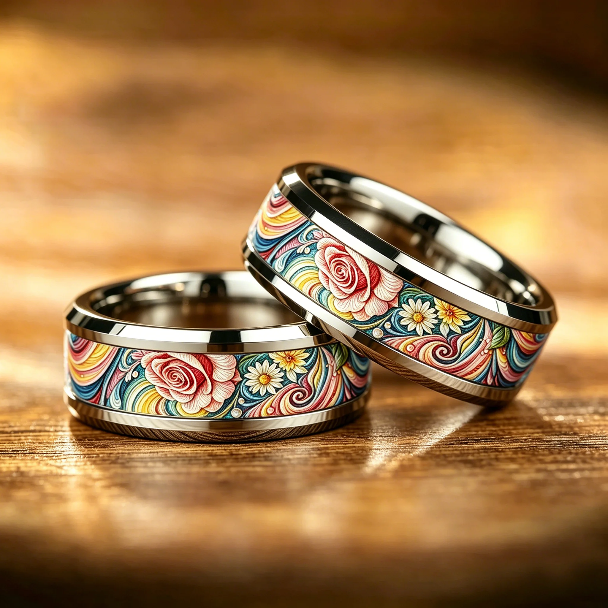 Boho Vintage Colorful Daisy Flower Inlaid Stainless Steel Rings For Women Men High Polished Bevel Edge Wedding Band Jewelry Gift