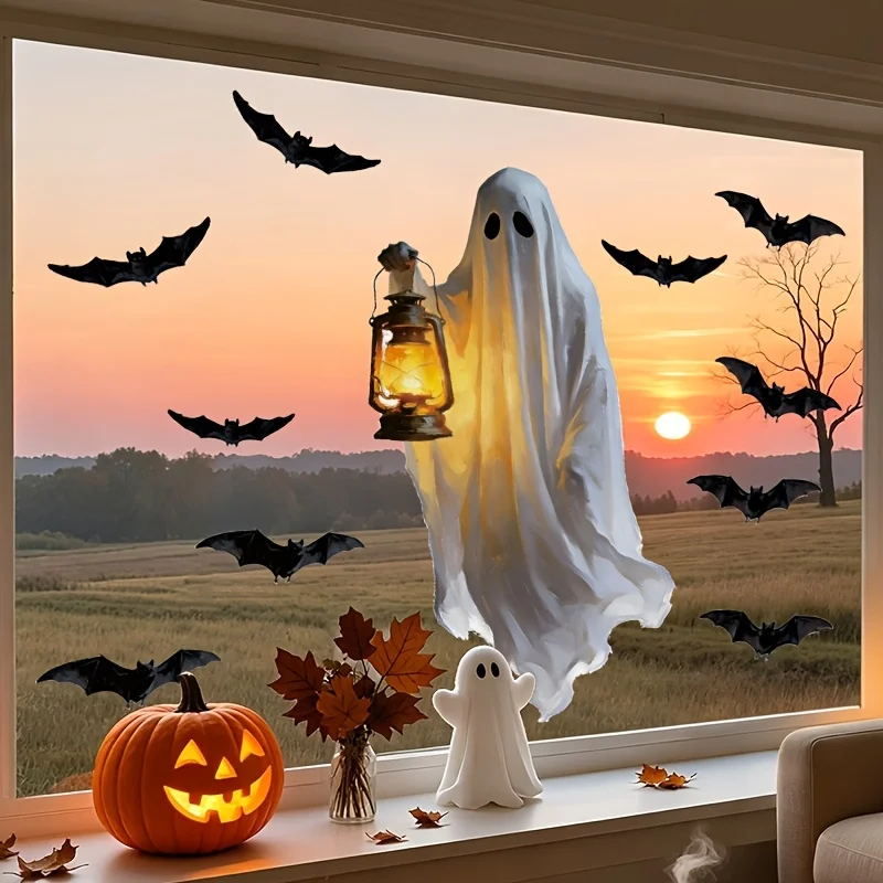 Übergroße Halloween-Geisteraufkleber, Fliegende Geisterlaternen, Schwarze Fledermäuse, Fensteraufkleber Geeignet für Heim, Büro, Partydekoration