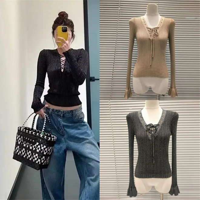 

Ele V-Ne Long Sve вязаный топ, женский облегающий повседневный топ с перекрестной завязкой, элитный Sle, парижская модная повседневная одежда