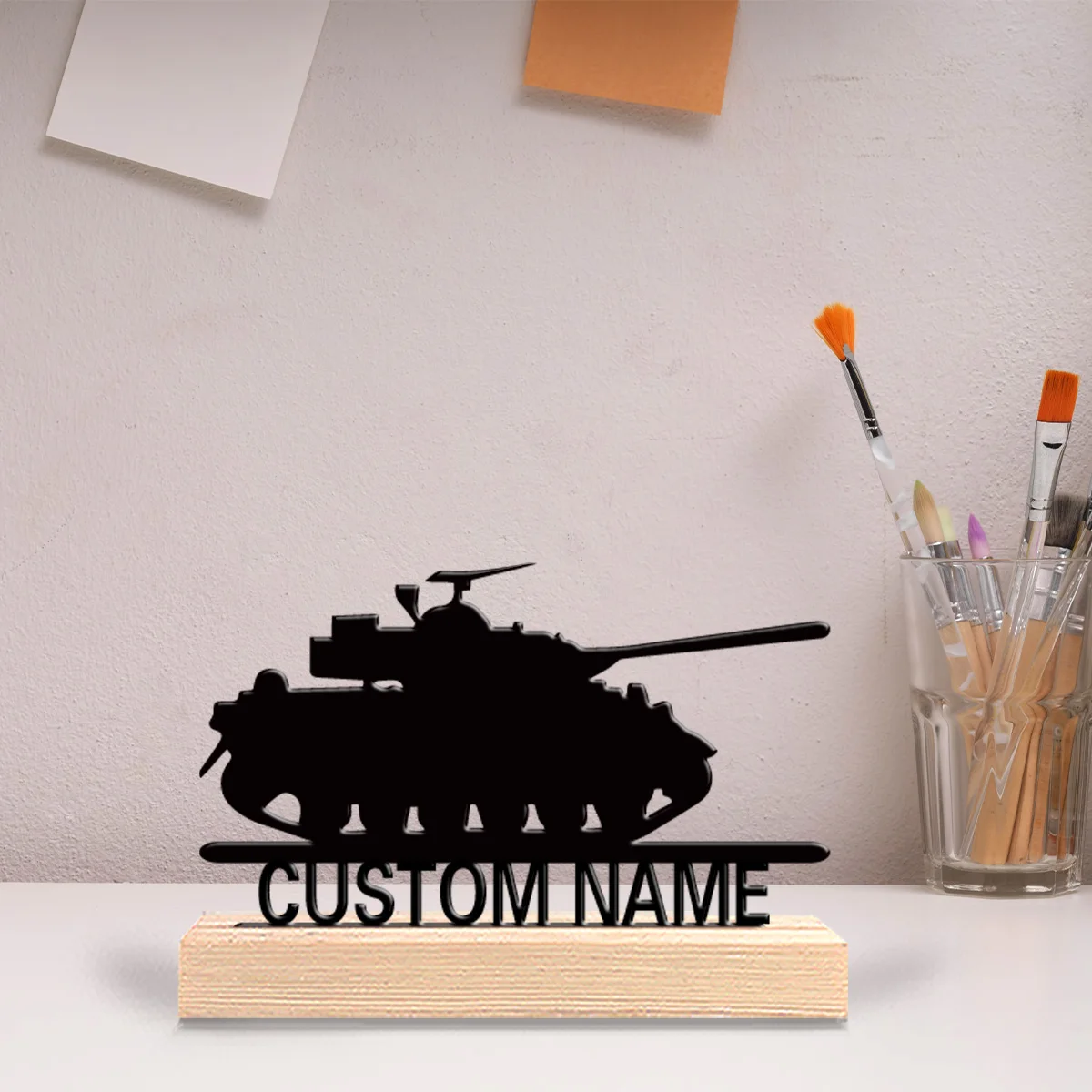 1pc Minimalist Tank Customizable Text Metal Statue Metal Ornament Art Crafts With Wood Base With Wood Base Home Table