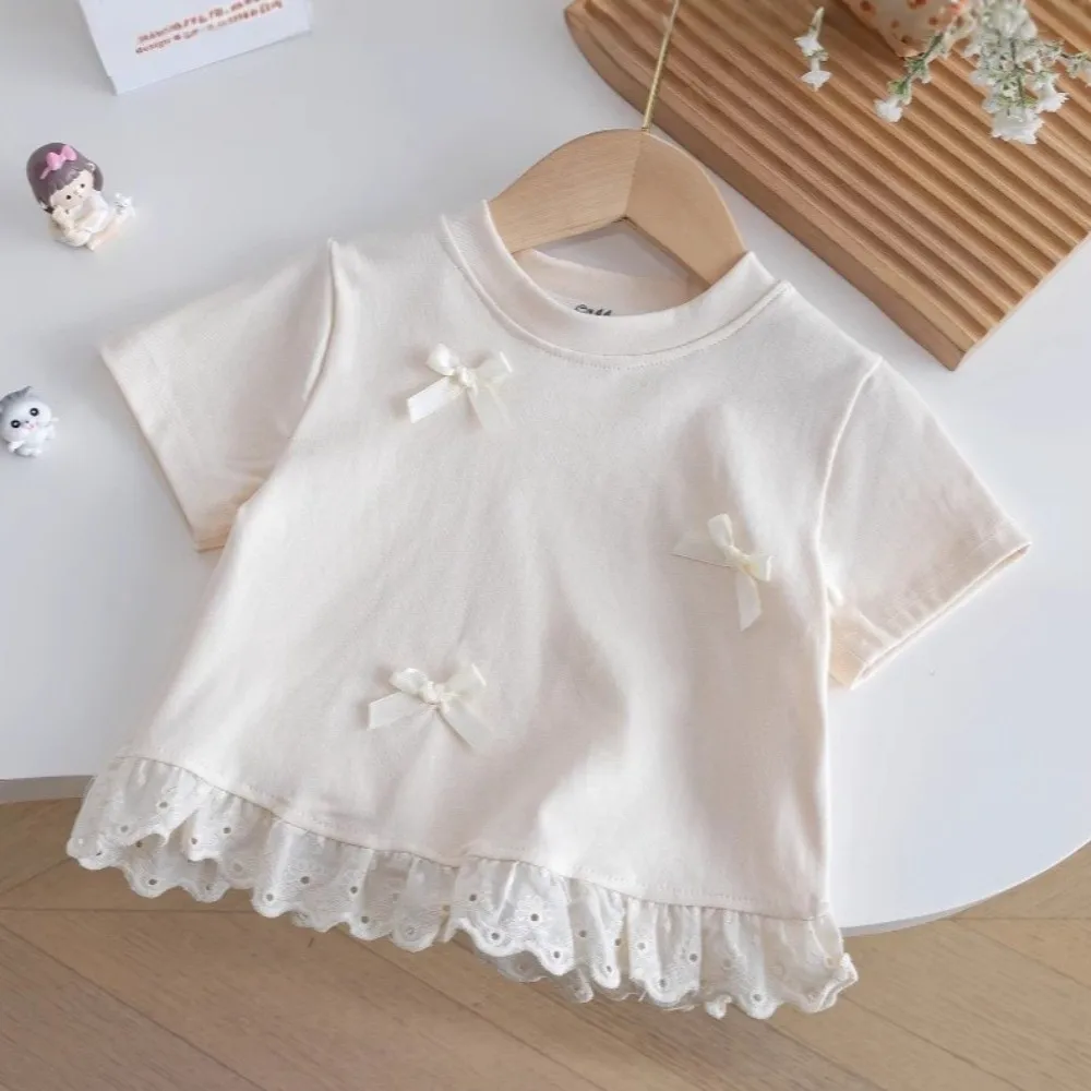 

Fashion Lace Trim Girls Bow T-shirt Round Neck Sweet Children's Tops Short Sleeve Summer