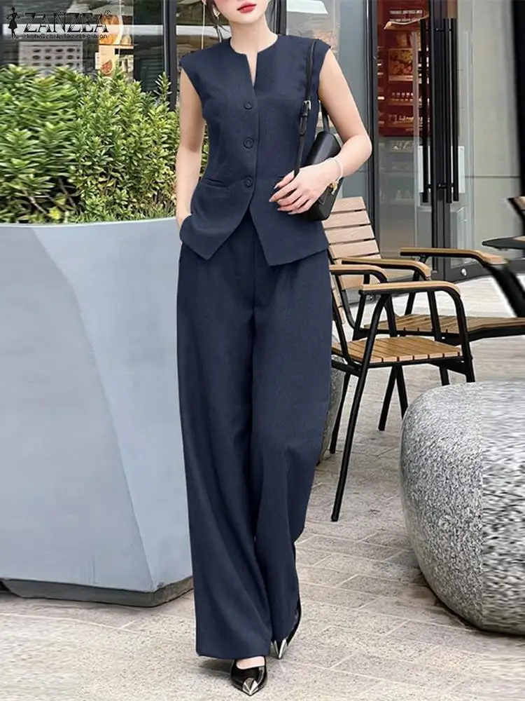 ZANZEA Casual Loose Solid Retro Outfits Women 2pcs Matching Sets Fashion Sleeveless Waistcoat Suits Office Lady Wide Leg Pants