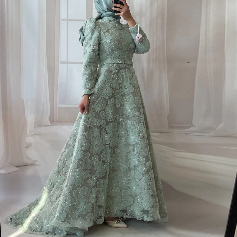 Customized Embroidery Flower Hijab Evening Dress Beaded Embellished Muslim Engagement Dresses Asymmetrical Islamic Prom Gowns