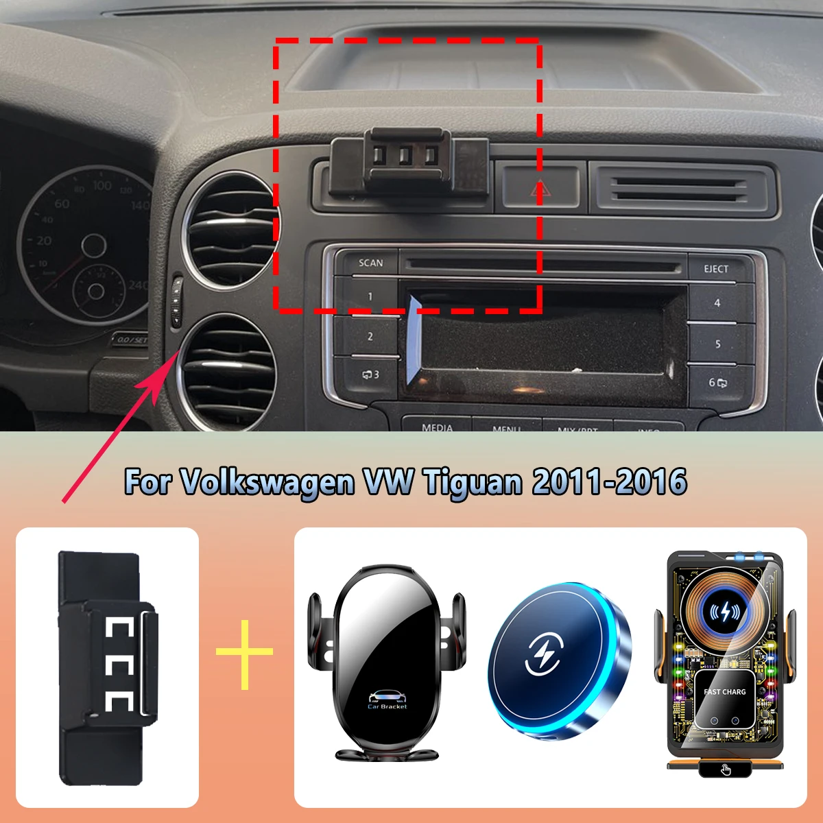 Suporte de celular para carro com carregamento sem fio de 15W para Volkswagen VW Tiguan 2011 2012 2013 2014 2015 2016, compatível com Magsafe.