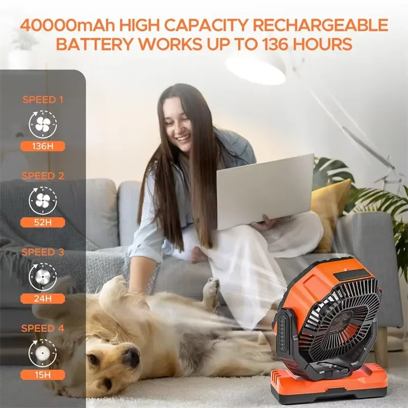 40000mAh Rechargeable Industrial Camping Fan with LED Light Auto-Oscillating Desk Outdoor Tent Fan Long Endurance
