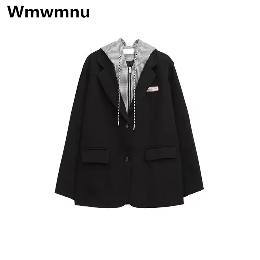 Womens Hooded Patchwork Blazers Spring Fall Classic Suit Jackets Korean Fashion Oversize 80kg Outerwears Elegant Chaquetas New