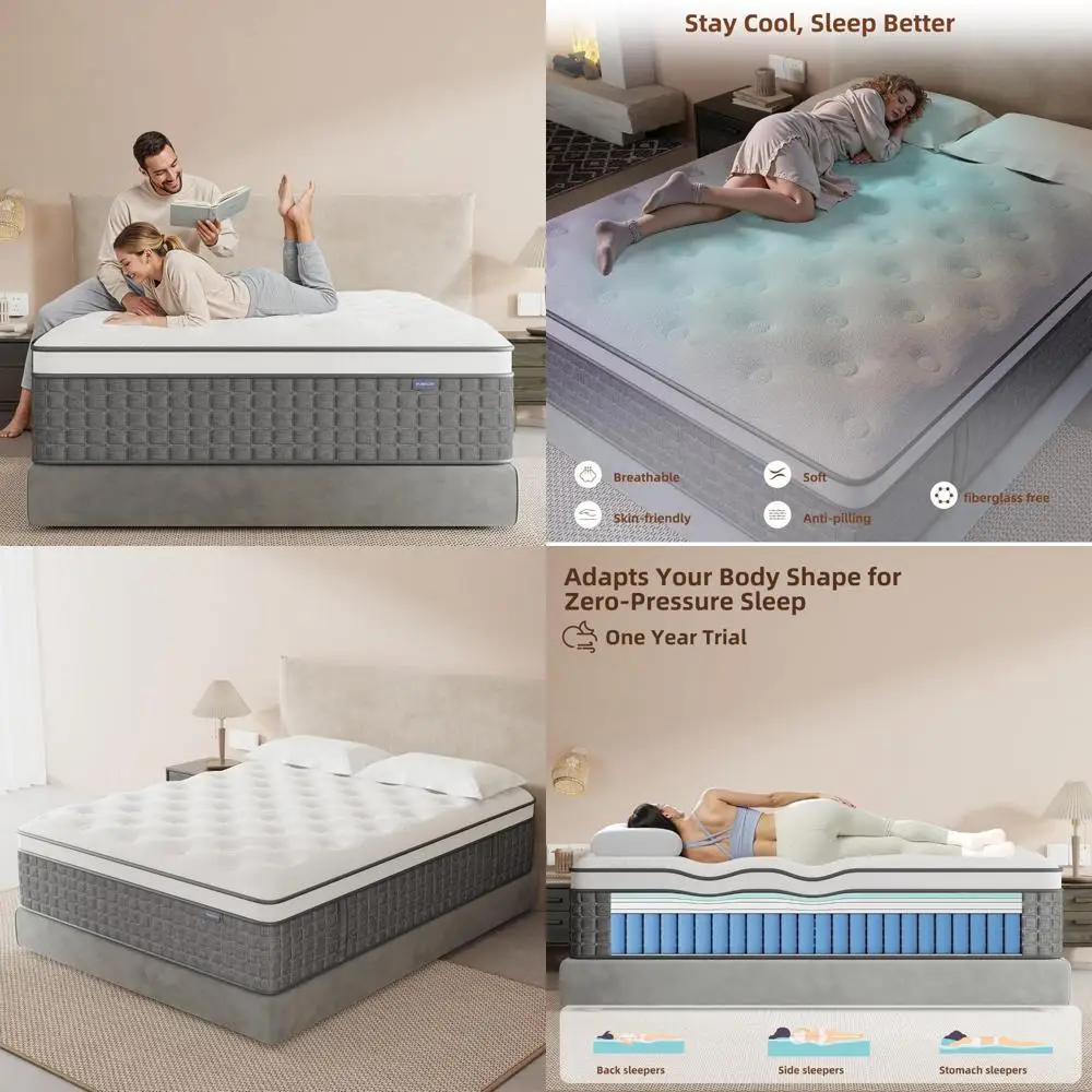 مرتبة مقاس كوين، مرتبة متوسطة الثابتة مقاس 12 بوصة مع دعم قطني وكتف إضافي، مراتب هجينة مع جل ميموري فوم P #1