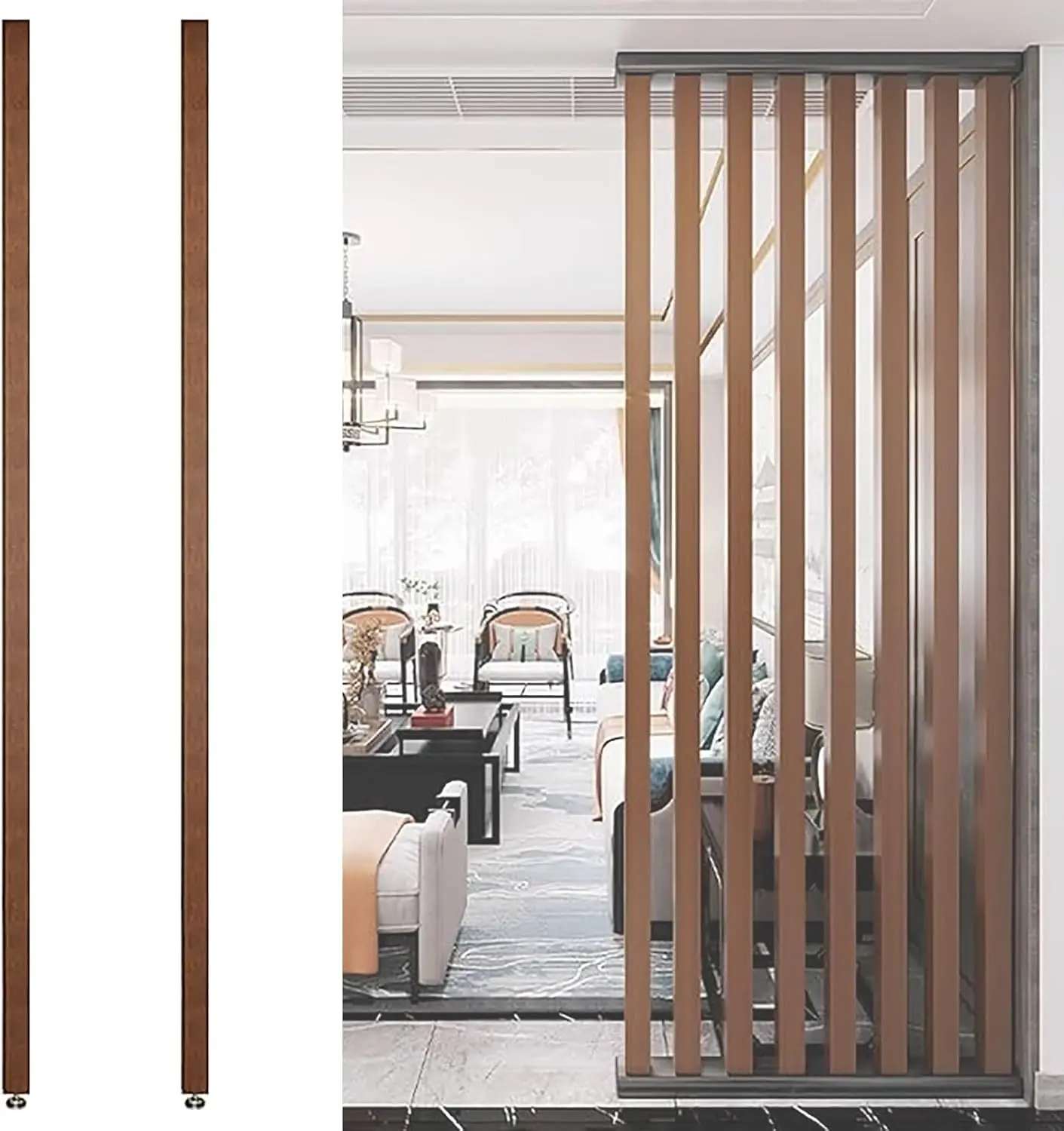 Wall Partition Room Divider Floor to Ceiling Wooden Slats - Freestanding Modern Wall Post Partition for Entrance Restaurant