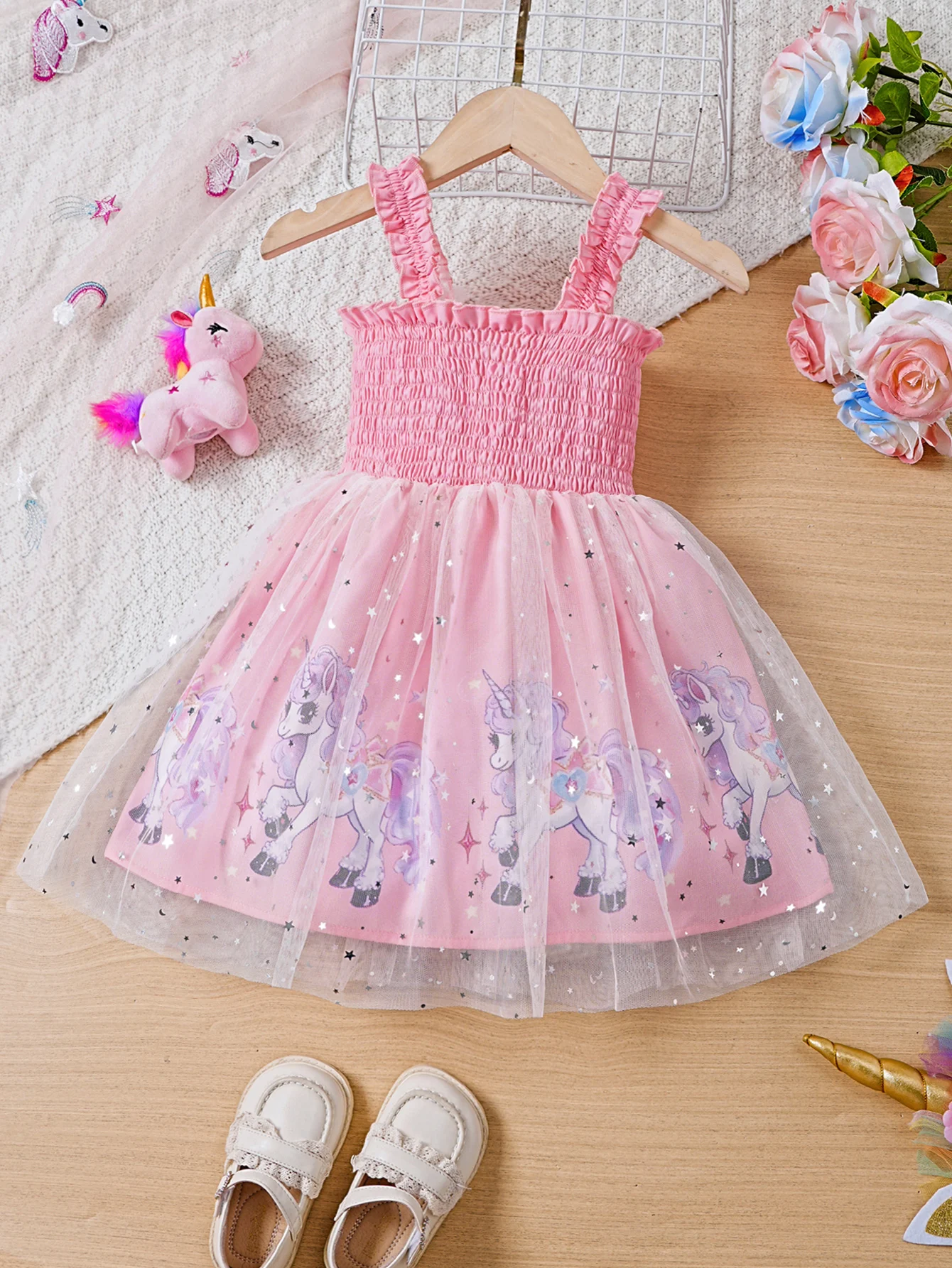 Girls' new summer casual sweet style princess dress + mesh slip dress printed with unicorn print pattern