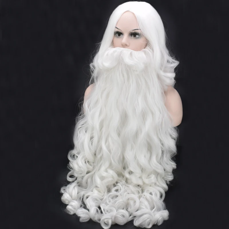 Silk Deluxe White Santa Fancy Dress Costume Wizard Wig and Beard Set 80cm Christmas Halloween New Year Decoration Party