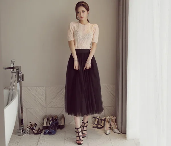 Three Layer Tulle Flared Midi Skirt Princess High Waist A-Line Dress
