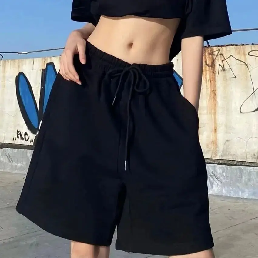 Baumwoll-Sportshorts in Schwarz für Damen, Neuer Amerikanischer Stil, Lässige Loose-Fit Shorts für Damen und Herren