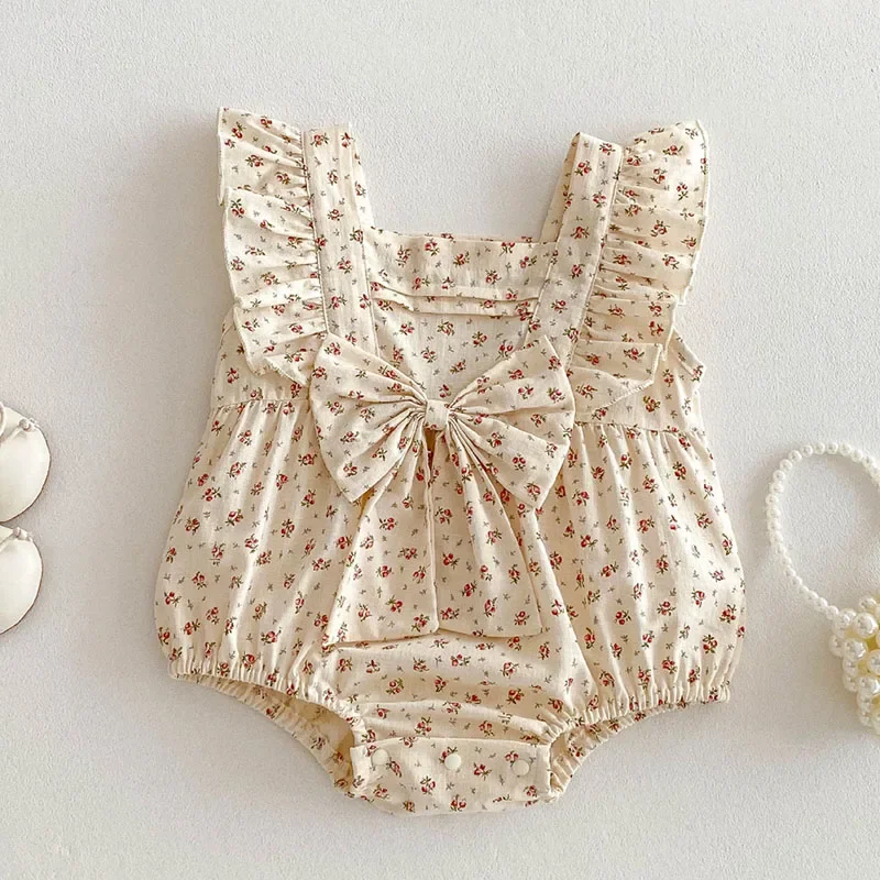 2025 New Summer Toddler Baby Girls Jumpsuit Flying Sleeve Cotton Print Infant Baby Girls Bodysuits 0-24M Children Clothes