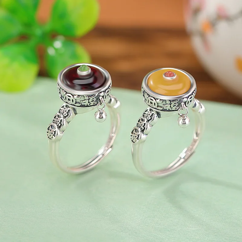 S925 Sterling Silver Blood Amber Fortune Coin Peace Rotating Finger Ring