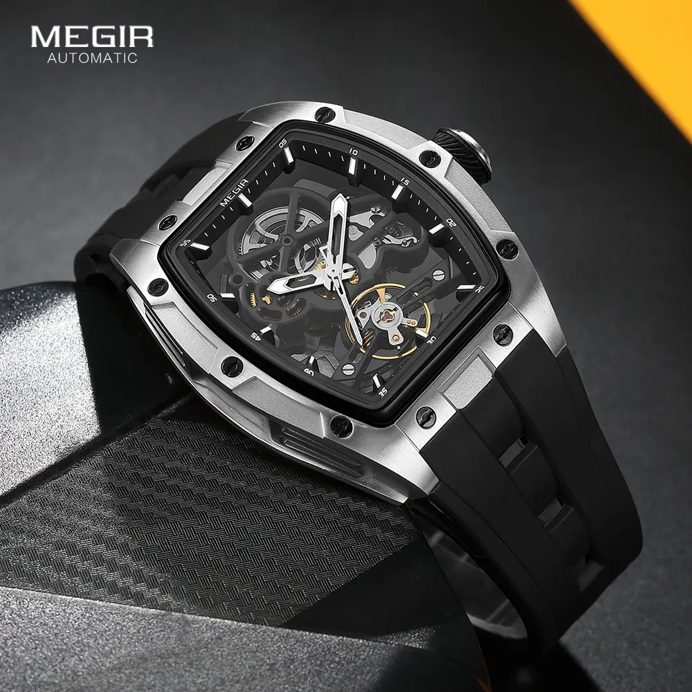 MEGIR Men Wristwatch Fashion Black Waterproof Automatic Mechanical Watch with Luminous Hands Silicone Strap Tonneau Dial 2242