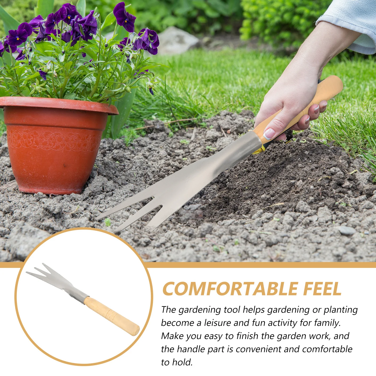 

3-Toothed Gardening Trowel Wooden Handle -Resistant Garden Hand Tool for Digging Weeding Planting Transplanting Metal