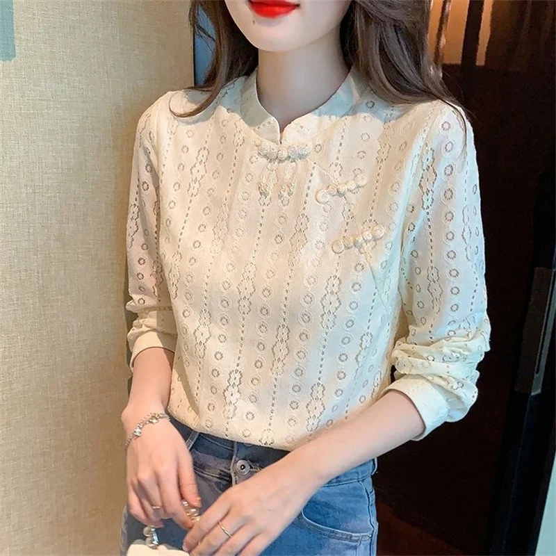 Women Spring Autumn Blouses Shirts Lady Casual Long Sleeve Stand Collar Solid Color Blusas Tops DF4758