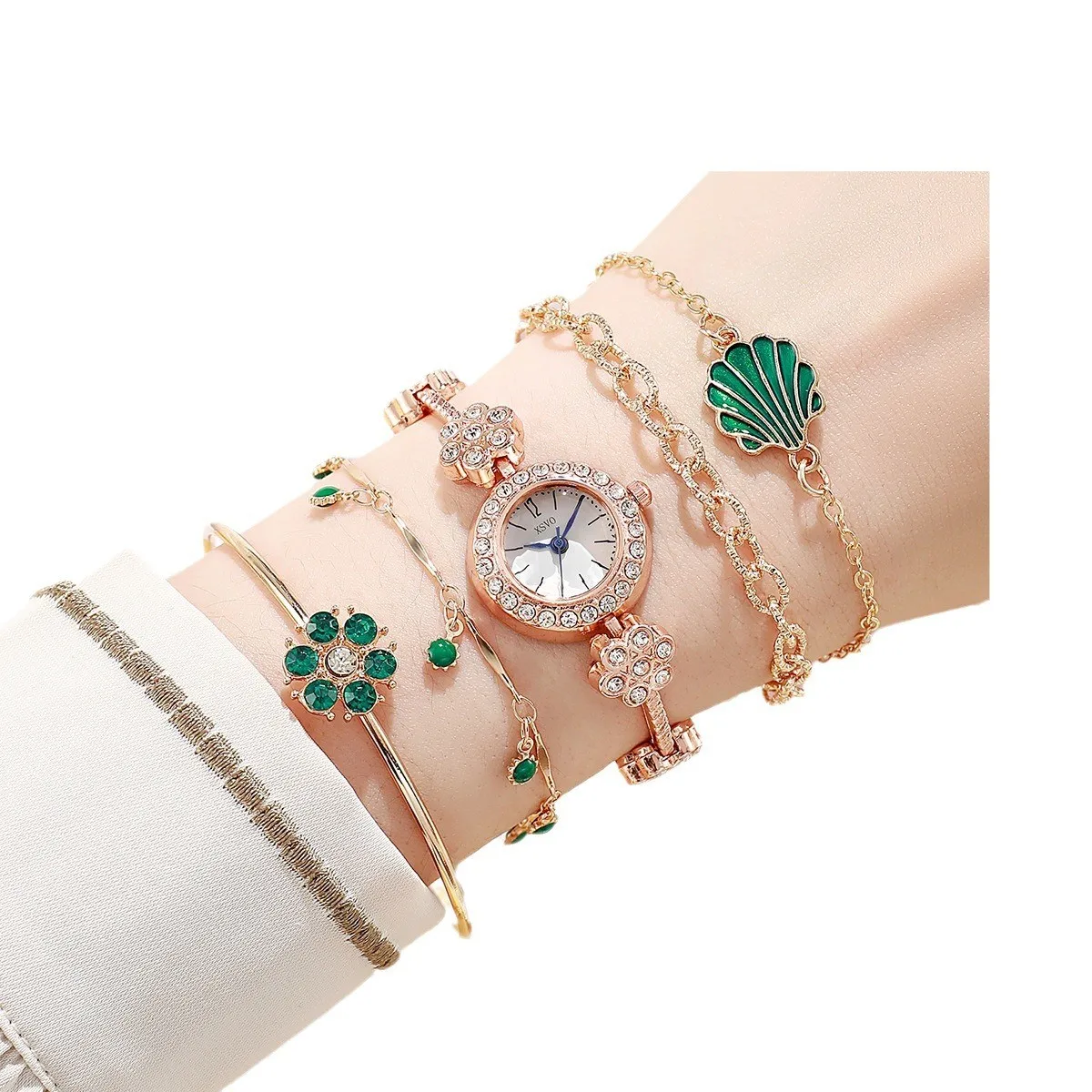 Women\'s luxury round diamond set small round watch green small flower bracelet set