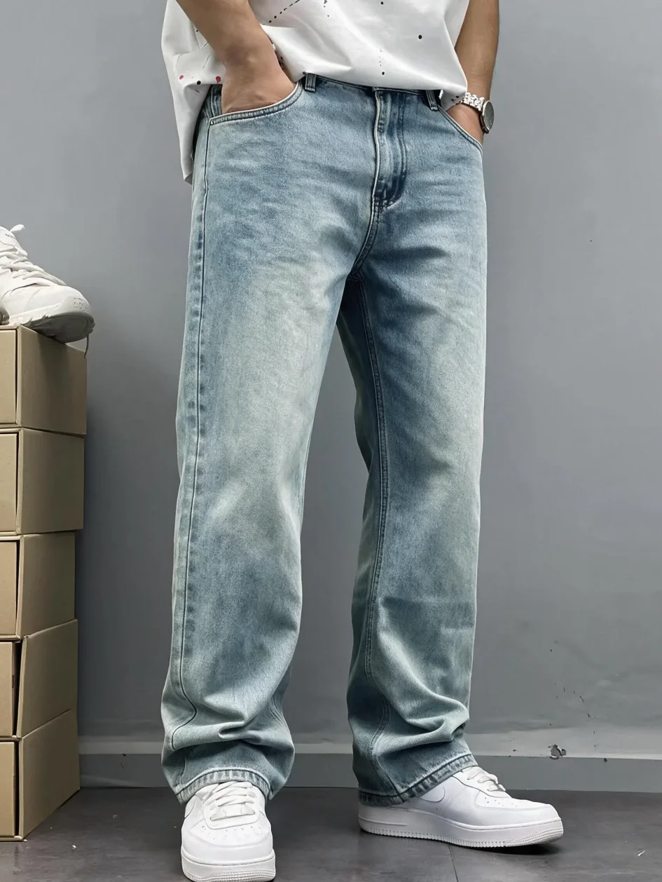 Men'S Korean-Style Casual Fashion Street Loose Denim Pants Made from Soft, Non-Stretch Fabric, Featuring a Hip-Hop Style Suitable for Teenagers for Daily Skateboarding And Comfortable Wear for Dancers in All Seasons, Machine Washable