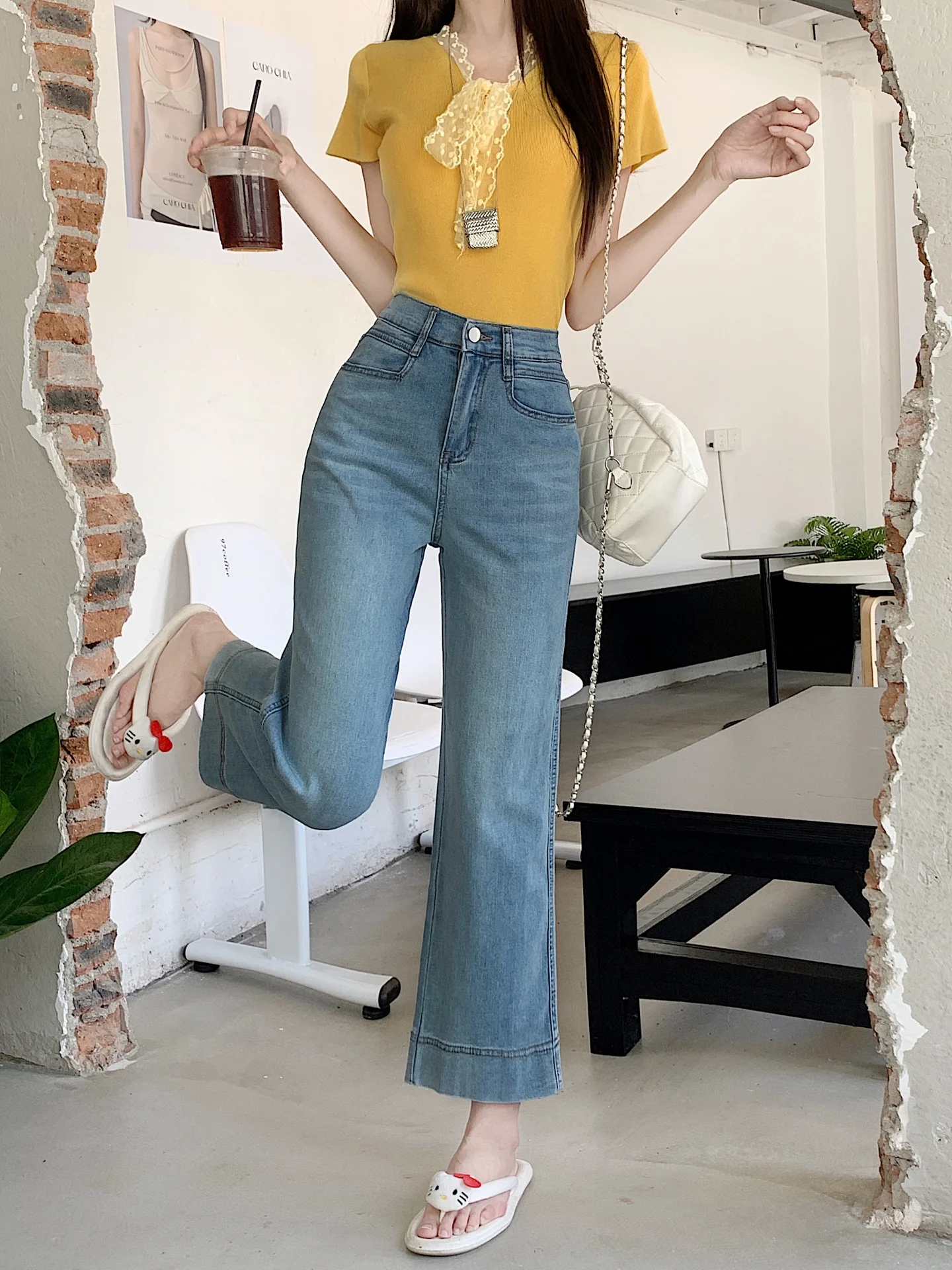 Niebieskie jeansy damskie z prostymi nogawkami, cienkie spodnie z szerokimi nogawkami, wysoki stan, wyszczuplające, zwiewne, długość 7/8, obcisła wersja, casualowe, dżinsowe.