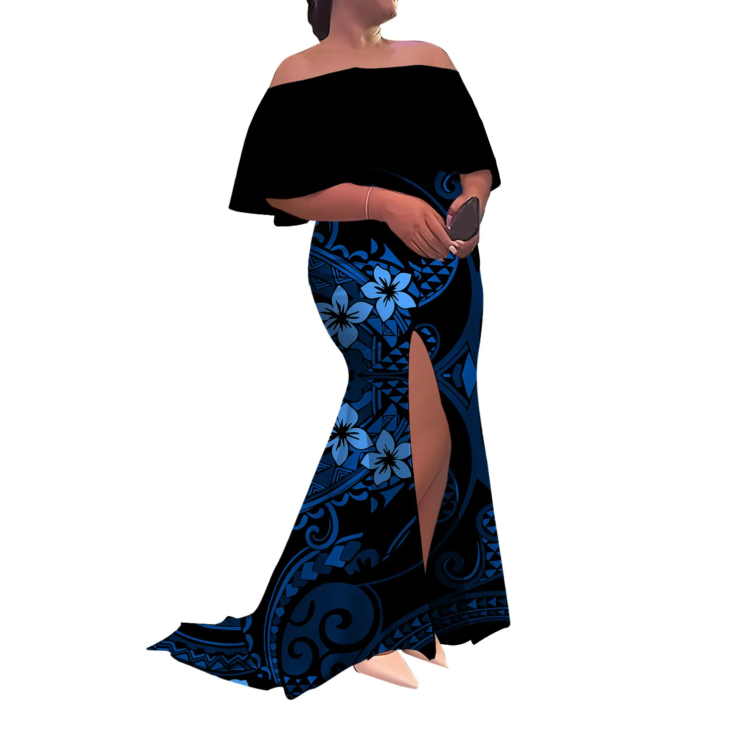 فستان نسائي بكتف واحد بدون أكمام، تنورة طويلة، طول الأرض، فتحة ضيقة، فستان ذيل السمكة، فستان سهرة على الطراز البولينيزي #5