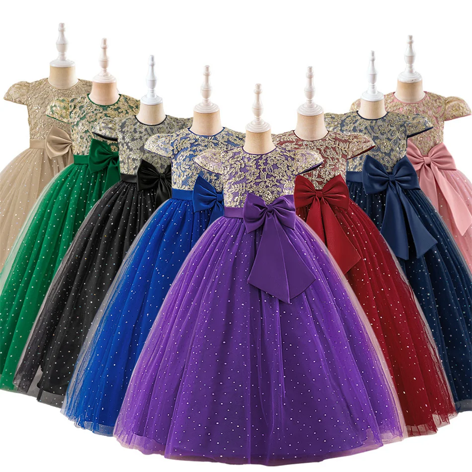 

Girls Print Sequin Mesh Elegant Bow Prom Gown Children Wedding Flower Girl Princess Dress Kids Festival Party Fairy Costumes