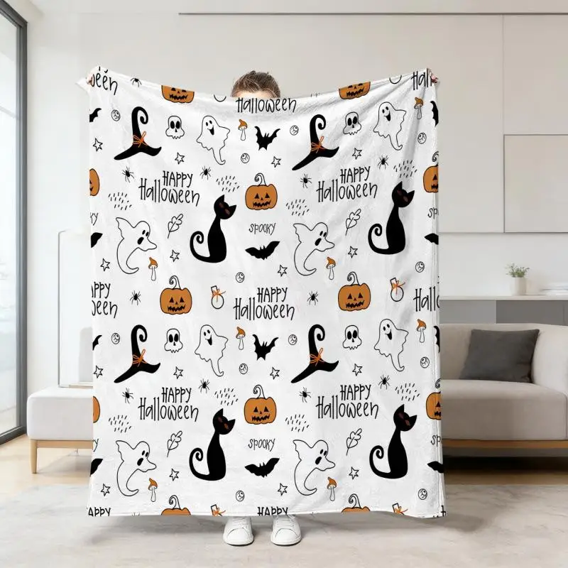 Halloween-Orange-Deckenbezug mit Cartoon-Geister- und Totenkopf-Druck, Flanell-Schlafdecke, Sofabezüge, Multifunktionale Dekorative Decken – Detail 12