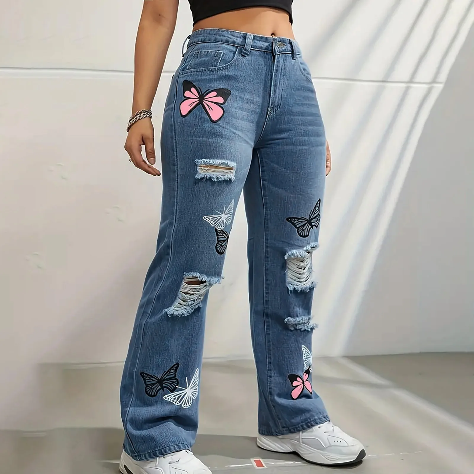 Women's High Waist Button Up Butterfly Print Jeans Fashion Casual Straight Pants for Women Spring Summer 2025 Chic Ripped Jeans