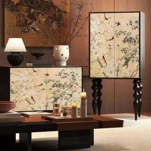 Chinese style classical solid wood tall cabinet printing living room multi-functional storage decorative cabinet