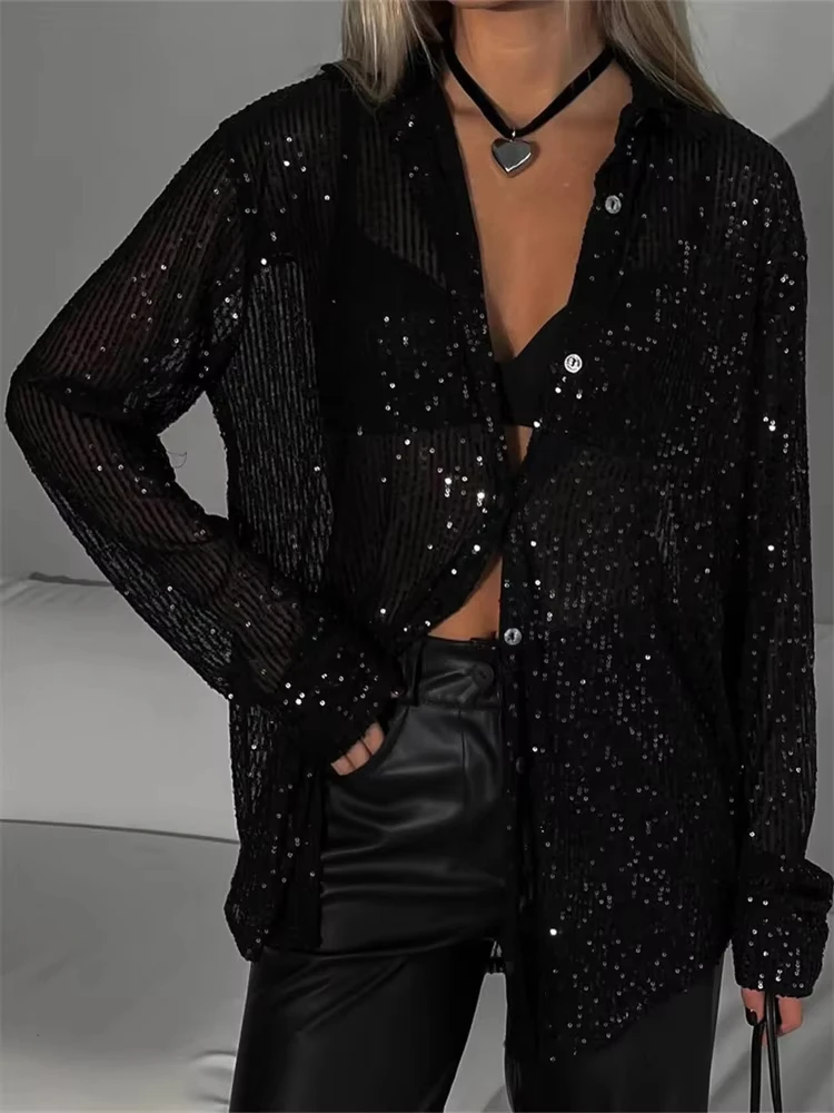 Sequin Loose Fashion Shirts Female Casual Lapel Cardigan Summer Clothes New Outwear Glitter Party Blouse Luxury Women\'s