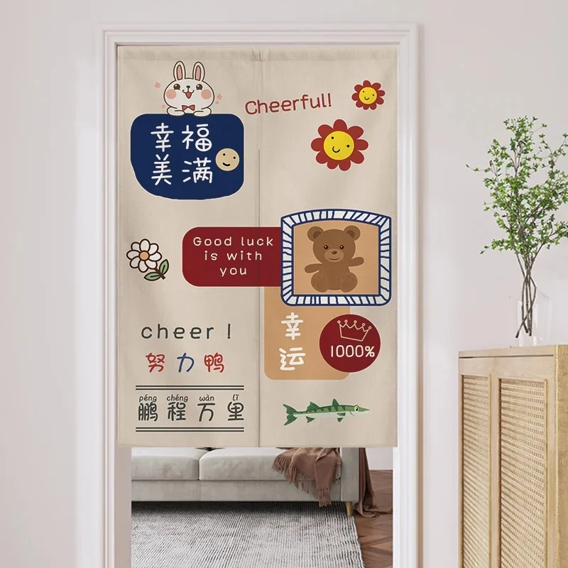 VIKAMA Japanese Style Noren Door Curtain Cute Cat Bear Whale Sakura Mount Fuji Print Fabric Home Partition Decor