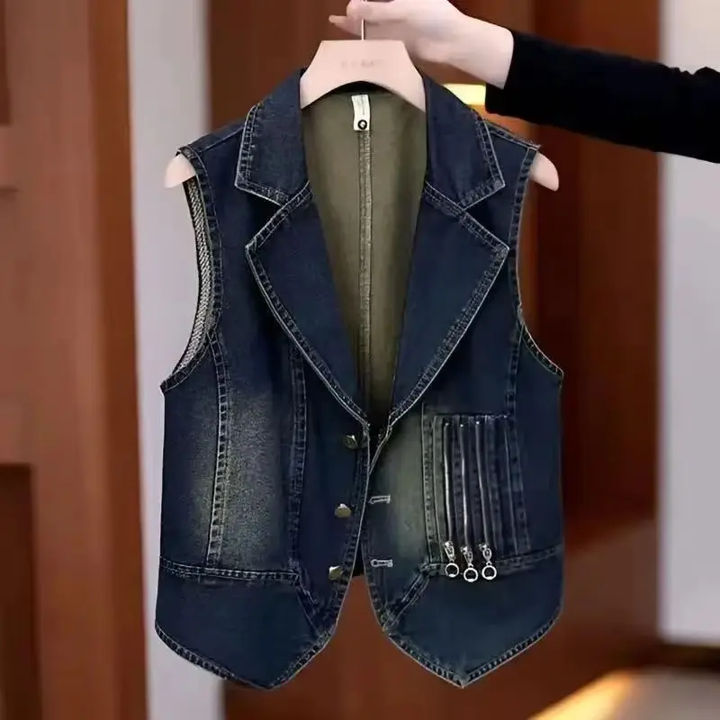 

2025New Spring Autumn Sleeveless Denim Suit Women Vest Coat Elegant Fashion Temperament Cowboy Vest Ladies Waistcoat Jacket Tops