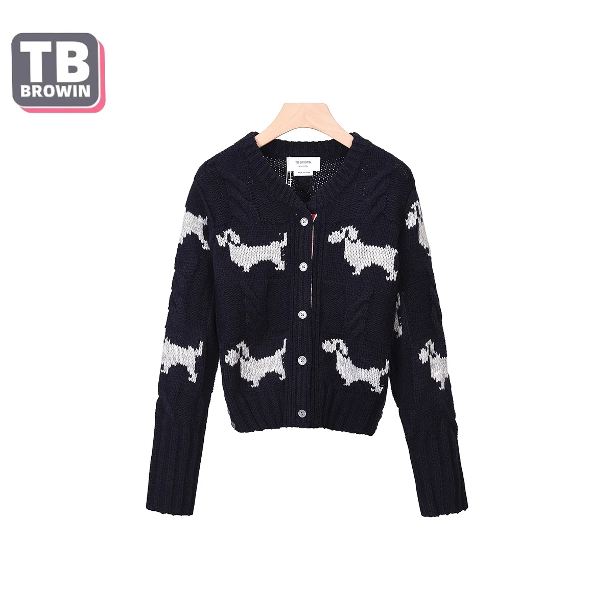 TB women's autumn puppy sweater four bars Internet celebrity Thom same jacquard cardigan knitted jacket