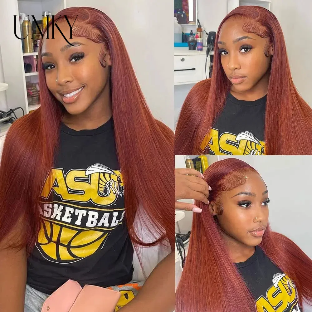 

Reddish Brown Lace Front Human Hair Pre Plucked Dark Red Brown Bone Straight 13x4 4x4 HD Lace frontal Wig On Sale Clearance