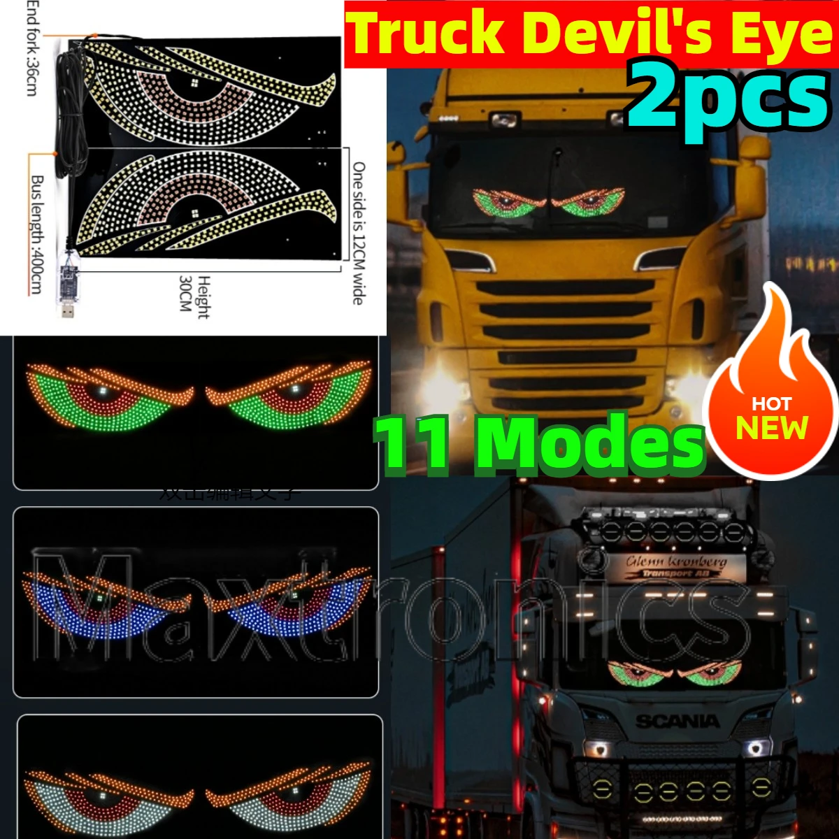 2PCS 5V Truck Devil's Eye LED Display With 11 Modes for Car with Animated Blinking Demon Eyes General Windshield LED Screen Ligh