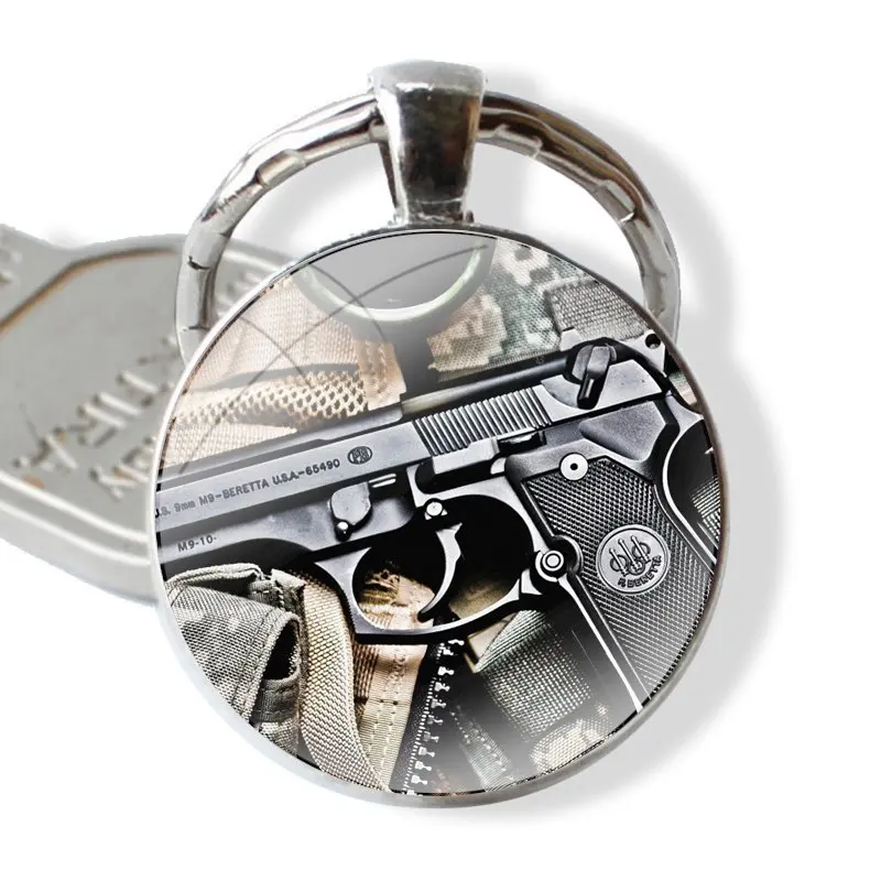 Golden Gun AK47 Bullet Handgun Keychain Handmade Glass Cabochon Key Ring Holder Pendant Key Chains