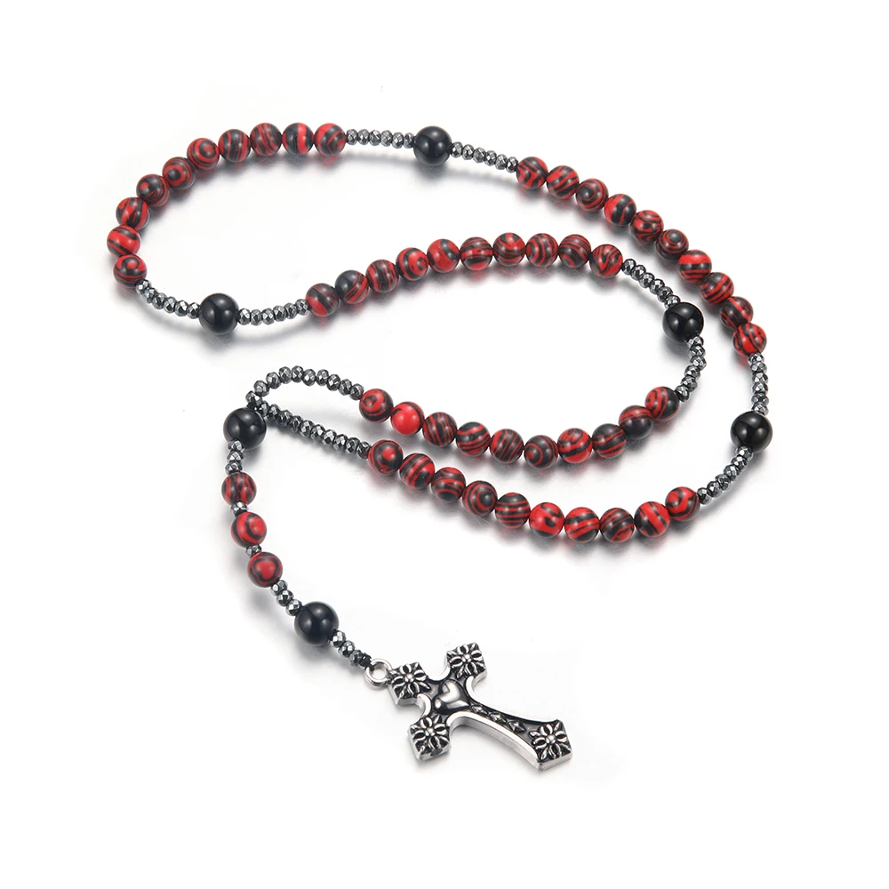 8mm Red Stone Beaded Necklace with Cross Pendant for Men and Women