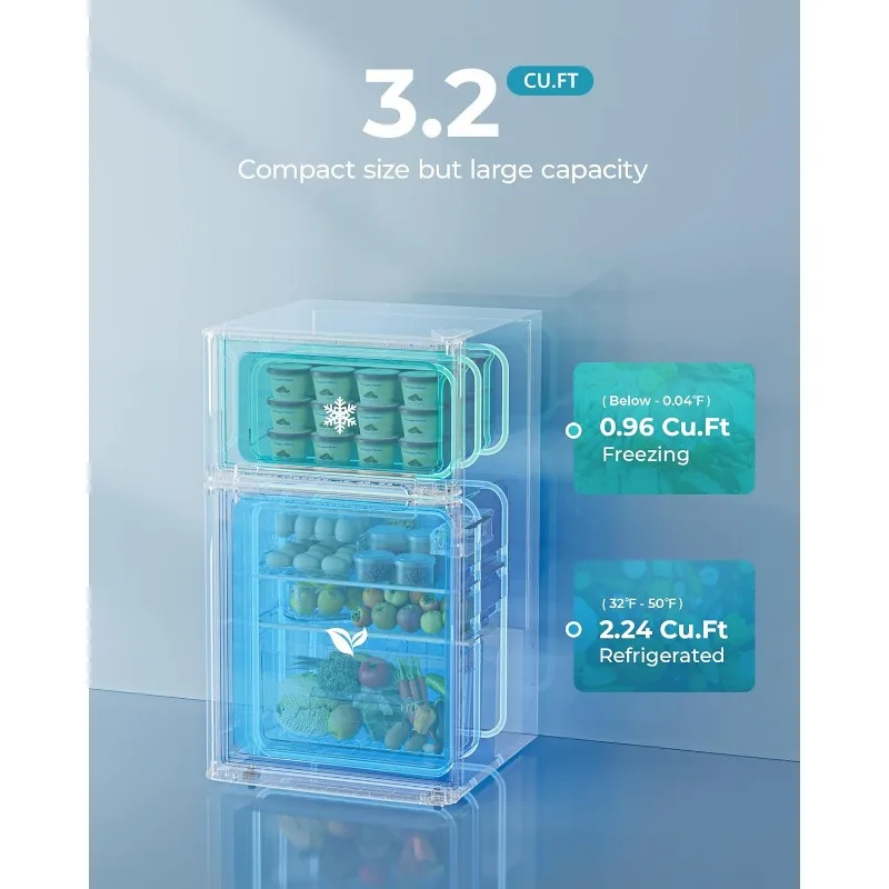 Mini refrigerator with freezer, 3.2Cu. Ft Mini refrigerator, 2 doors, for food storage or cooling drinks