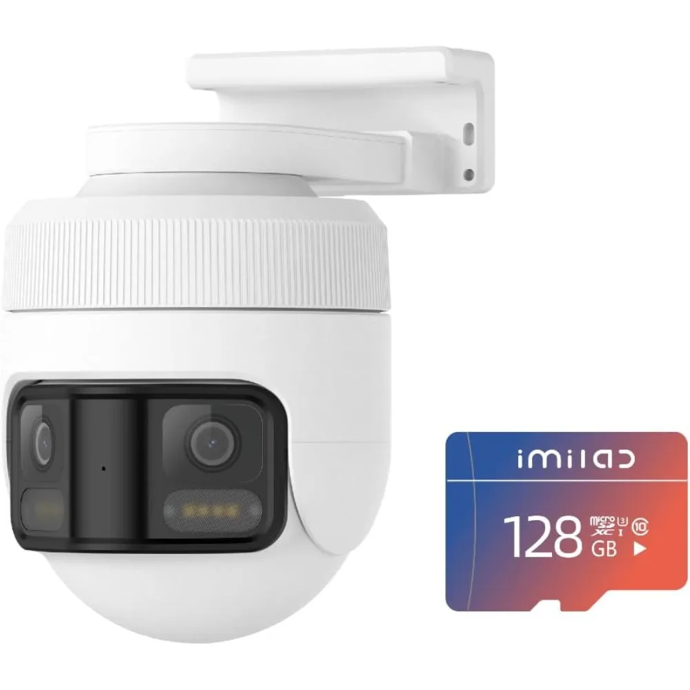 Panorama imilab ec6 + tarjeta SD de 128 GB: cámara con foco enchufable wifi de 3,5 k: 180 ° utra vista amplia con 344 ° seguridad giratoria de doble lente