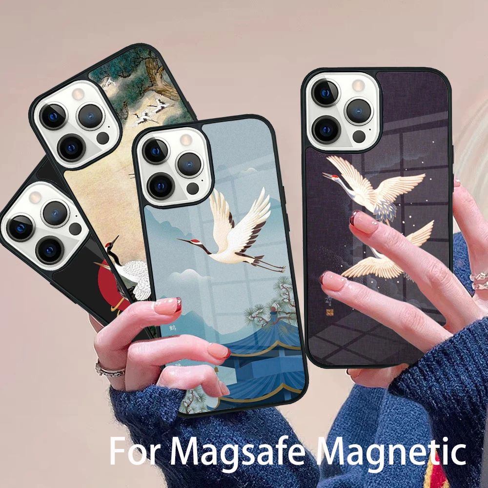 

Red-crowned Crane Bird Phone Case Magesafe Magnetic Wireless Charge Cover For IPhone 16 11 12 13 14 15 Pro Max Plus Mini