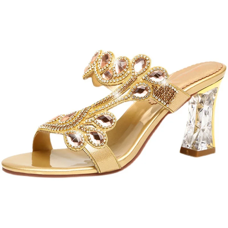 2024 Summer Women Shoes Fish Mouth Diamond Elegant Thick High Heels Sandals Medium Heel Fashion Leisure Rhinestone Party Sandals