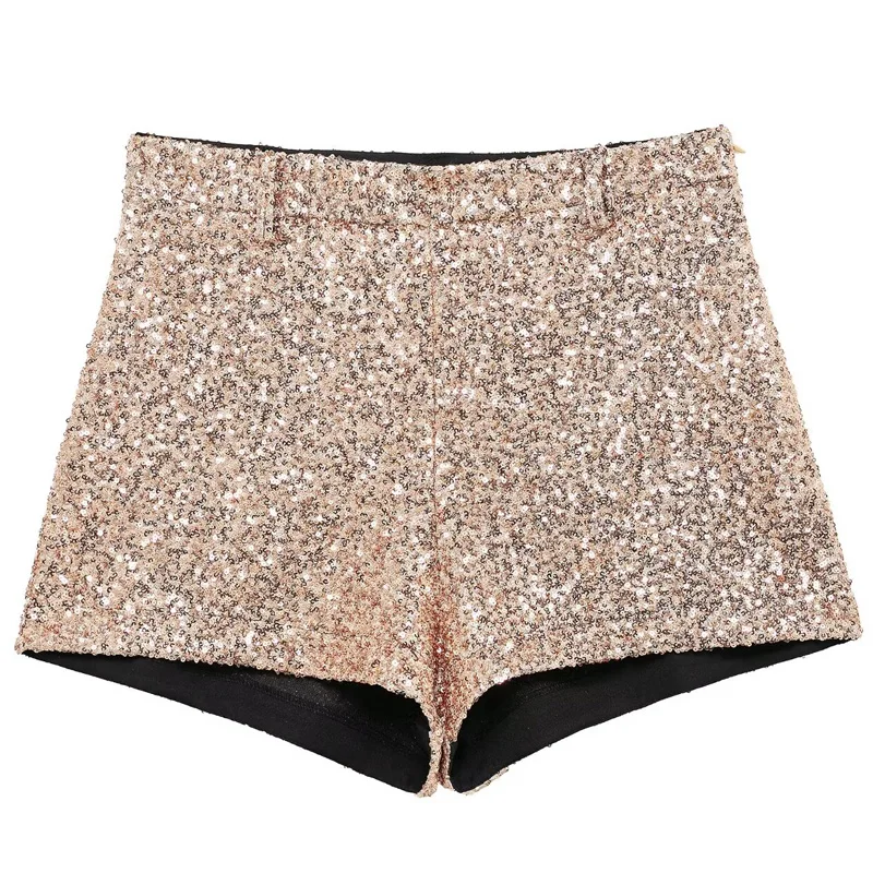 TRAF 2025 Mini Pantaloncini con paillettes Donna Pantaloncini corti sexy a vita alta da donna Pantaloncini rosa oro glitterati Pantaloncini eleganti da strada