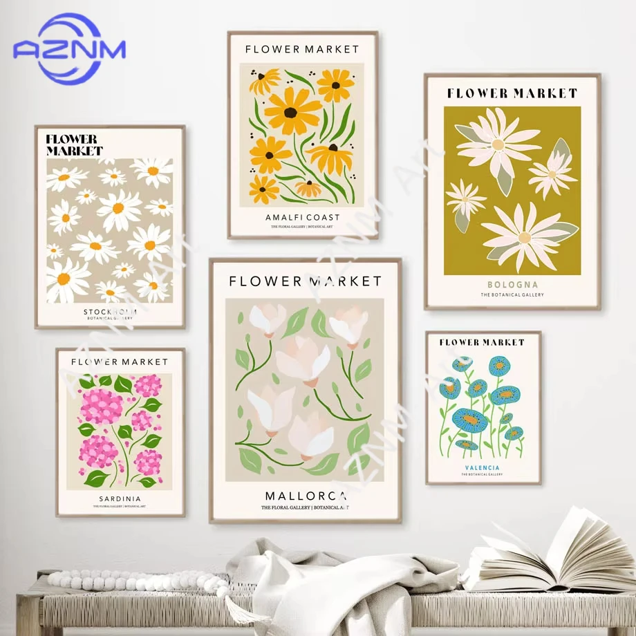 1Pc/6Pcs Paris Crocus Black Eyed Susan Lily Flower Market Poster Canvas Painting Abstract Wall Art Mural Print Living Room Decor