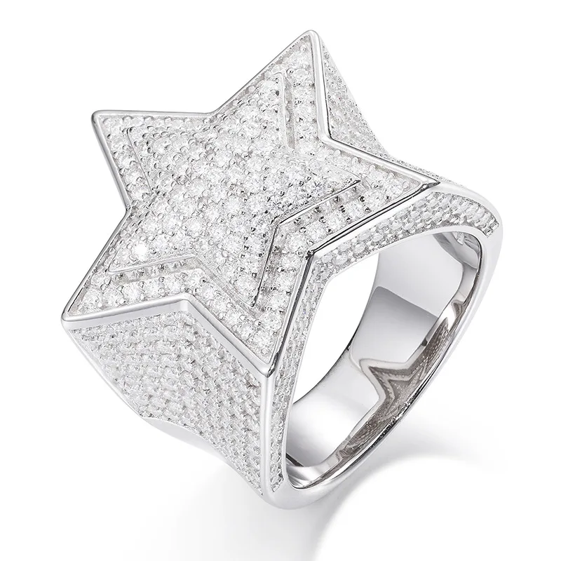 

Hip Hop Moissanite S925 Sterling Silver Bling Iced Out Star Rings for Men Luxurious Rapper Jewelry Gold Silver Color