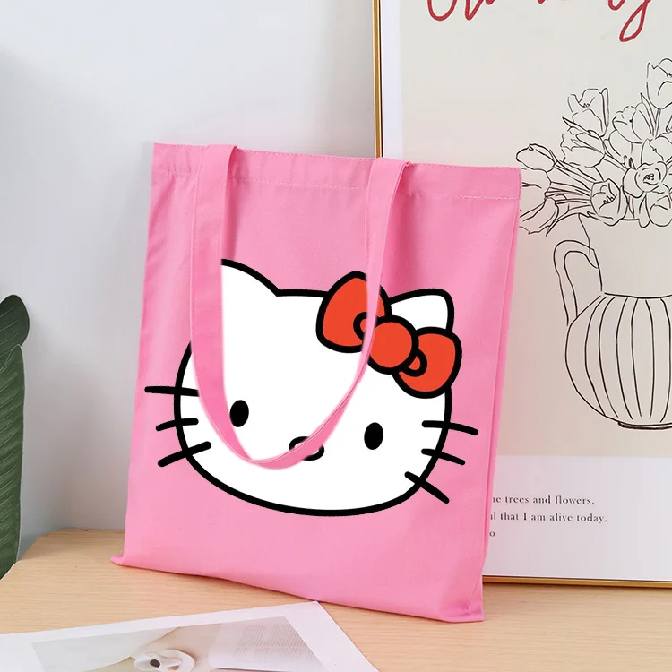 Cartoon Hello Kitty Canvas Shopper Bag Women\'s Tote Shoulder Bags Reusable Casual Commuter Travel Foldable Designer Bolso