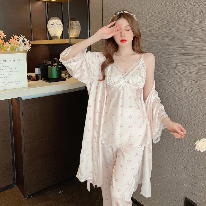 Women\'s 3 Piece Pajamas Sets Leopard Print Pijama Faux Silk Satin Pyjama Female Sleepwear Long Sleeve Shirt Cami Pants Homewear