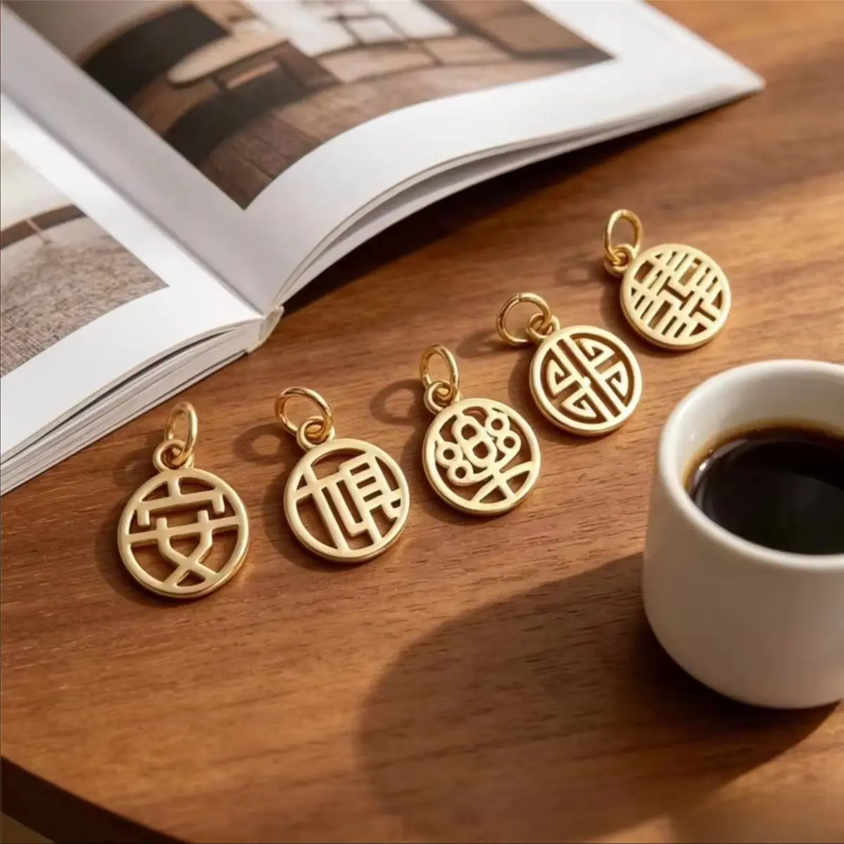 Round Fu Tag Charms Brass 14K Gold Plated Anti‑tarnish Blessing Joy Wealth Peace For DIY Bracelet Jewelry Findings